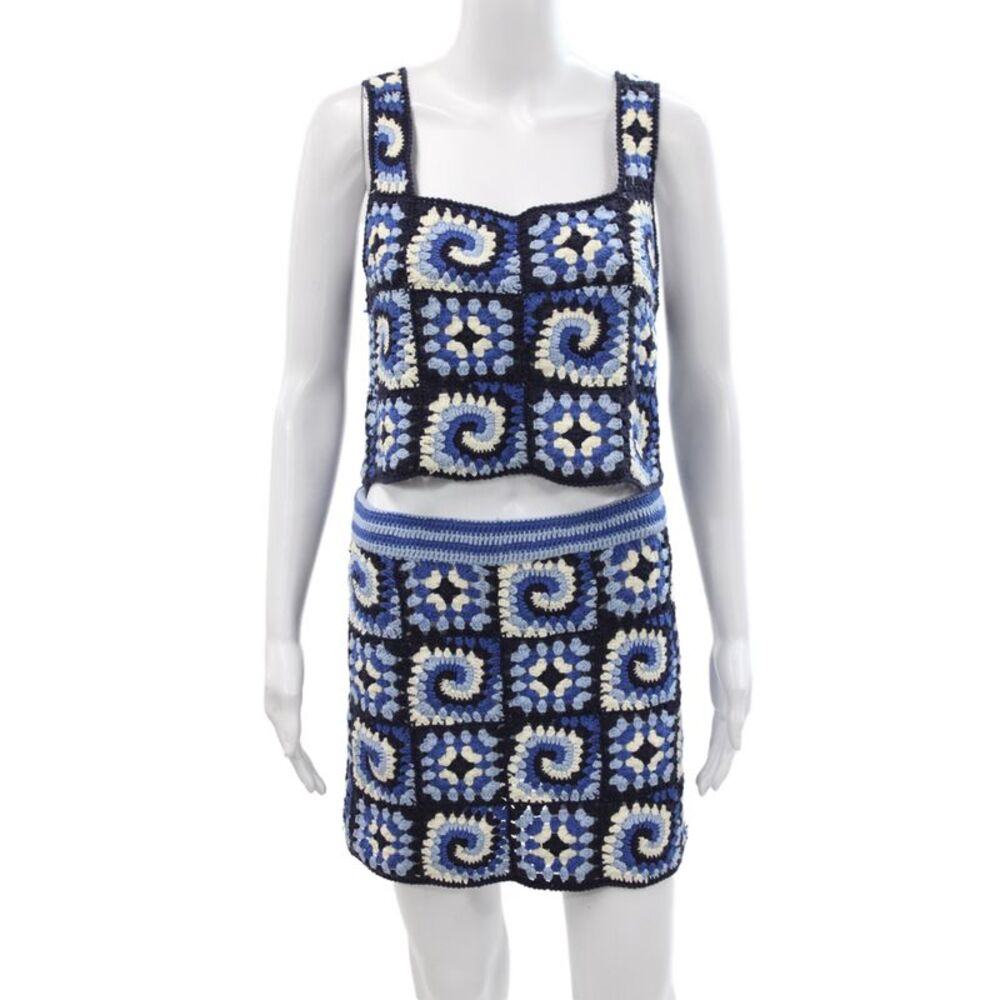 Staud Women Patchwork Cotton Sleeveless Set Square Neck Boho Blue Size S